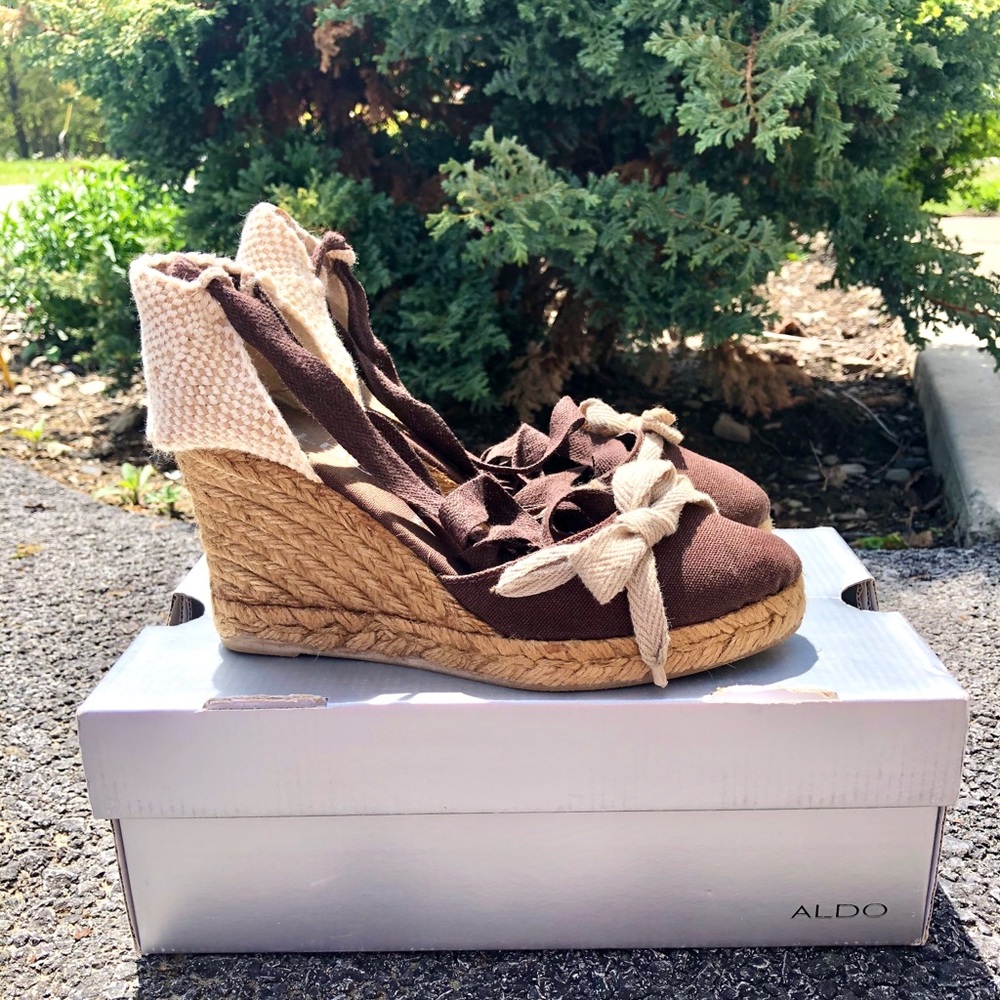 ALDO brown/cream femi canvas bow ankle wrap wedges
